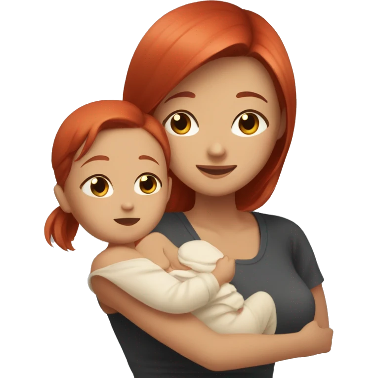 Asain woman with red hair, waist-up portrait, looking in the eyes of her baby while both smiling cute, wholesome emoji