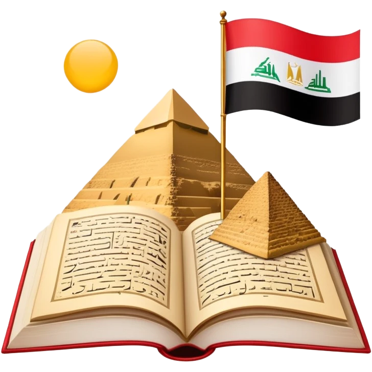 An icon featuring the Pyramids of Giza and the big flag of an Arabic-speaking country, symbolizing the Arabic language. The design includes an open book with Arabic script and calligraphy, representing language learning and cultural heritage. Transparent background emoji