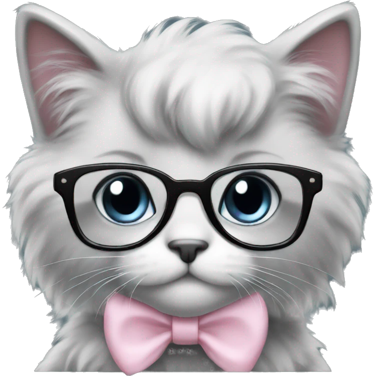 fluffy black kitten nerd with glasses and light pink bow emoji