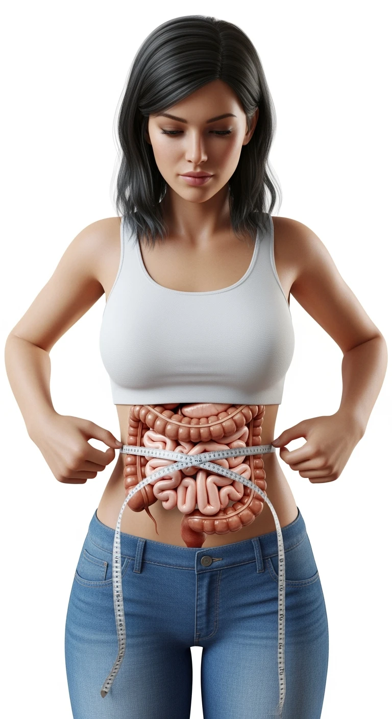 DONNA CHE SI STRINGE I FIANCHI CON LE MANI PER MISURARLI, INTESTINO ANATOMICO REALISTICO IN EVIDENZA, iperrealistico 4k, SENZA METRO, ISOLATA SU SFONDO BIANCO emoji
