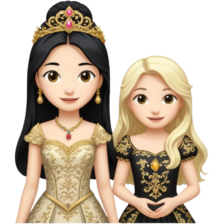 Asian girl black hair and blonde white girl dressed as princesses emoji