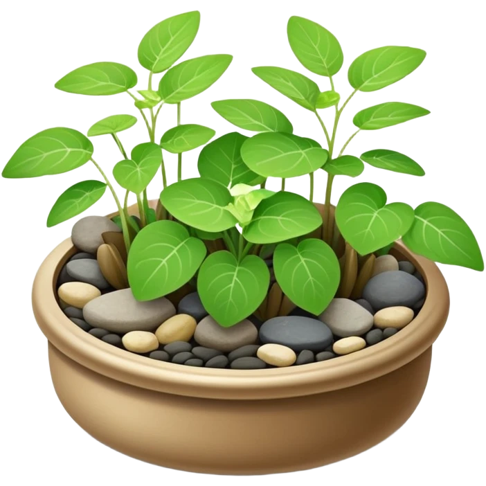 Small dish garden with Plectranthus Verticillatus sprouts having perfectly circular coin-shaped leaves arranged with small rocks emoji
