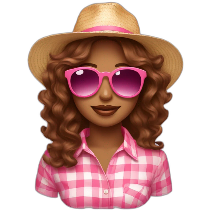 pink sunglasses on female head with wavy brown hair and a summer hat emoji
