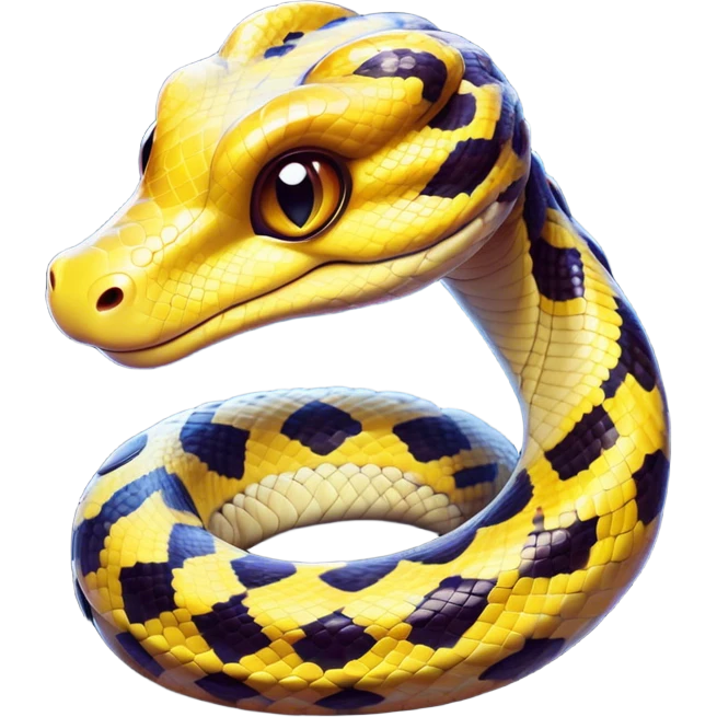 Cinematic Cute Python Portrait Emoji, Head tilted playfully and inquisitively, with a sleek, patterned body accented by vibrant scales and round, sparkling eyes full of charm, Simplified yet irresistibly adorable features, highly detailed, glowing with a warm, inviting glow, high shine, affectionate and lively, stylized with a touch of exotic whimsy, bright and endearing, soft glowing outline, capturing the essence of a mischievous yet loving python that seems as if it could slither out of the screen into your arms! emoji