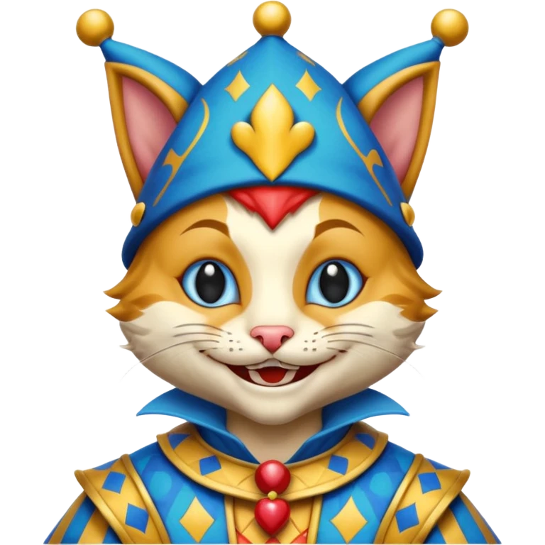 crazy colorful cute little cat jolly joker from poker, medieval, vintage, court jester, mac os icon, blue color emoji