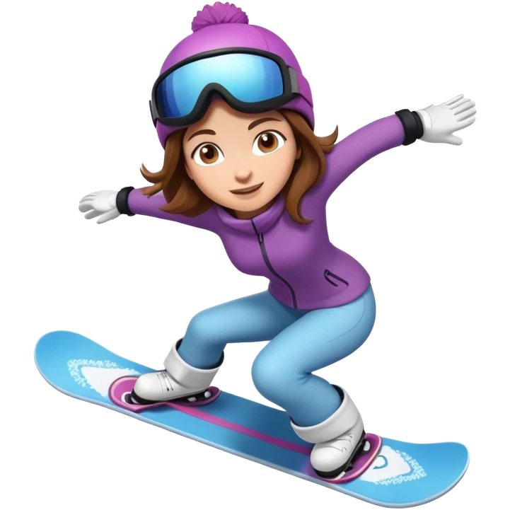 Woman with brown hair snowboarding in 3d emoji