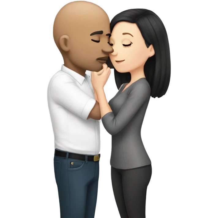 White girl dark hair kissing bald black man emoji