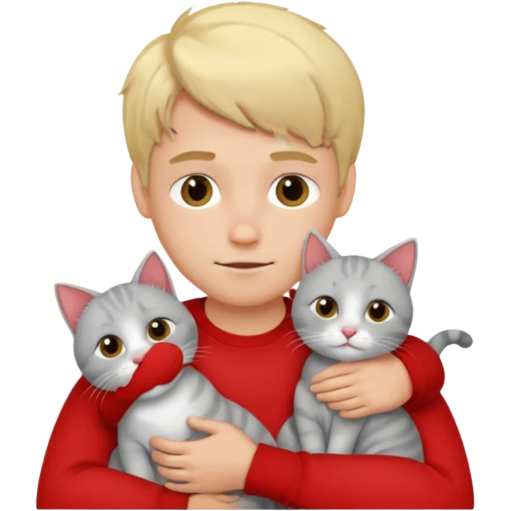 Make 20 gray cats cudling a kid that’s a boy wearing all red and he’s blond emoji