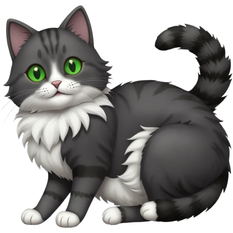 solid dark grey cat with green eyes, white toes/paws playfully rolling upside down emoji