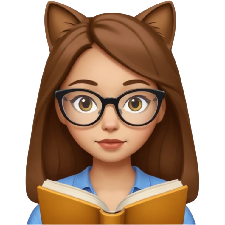 ACB clean beautiful girl long brown hair, wear glasses cat eye, reading a book emoji