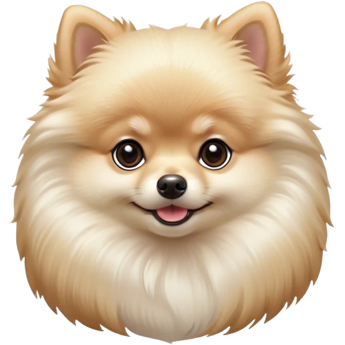 Cinematic Cute Cream Pomeranian Portrait Emoji, Head tilted playfully and inquisitively, featuring a luxurious, fluffy cream Fur with a natural sheen, round, sparkling dark eyes filled with curiosity, Simplified yet irresistibly adorable features, highly detailed, glowing with a warm, friendly glow, high shine, affectionate and lively, stylized with a touch of whimsy, bright and endearing, soft glowing outline, capturing the essence of a mischievous yet loving pup, so playful it feels like it could scamper out of the screen and into your arms! emoji