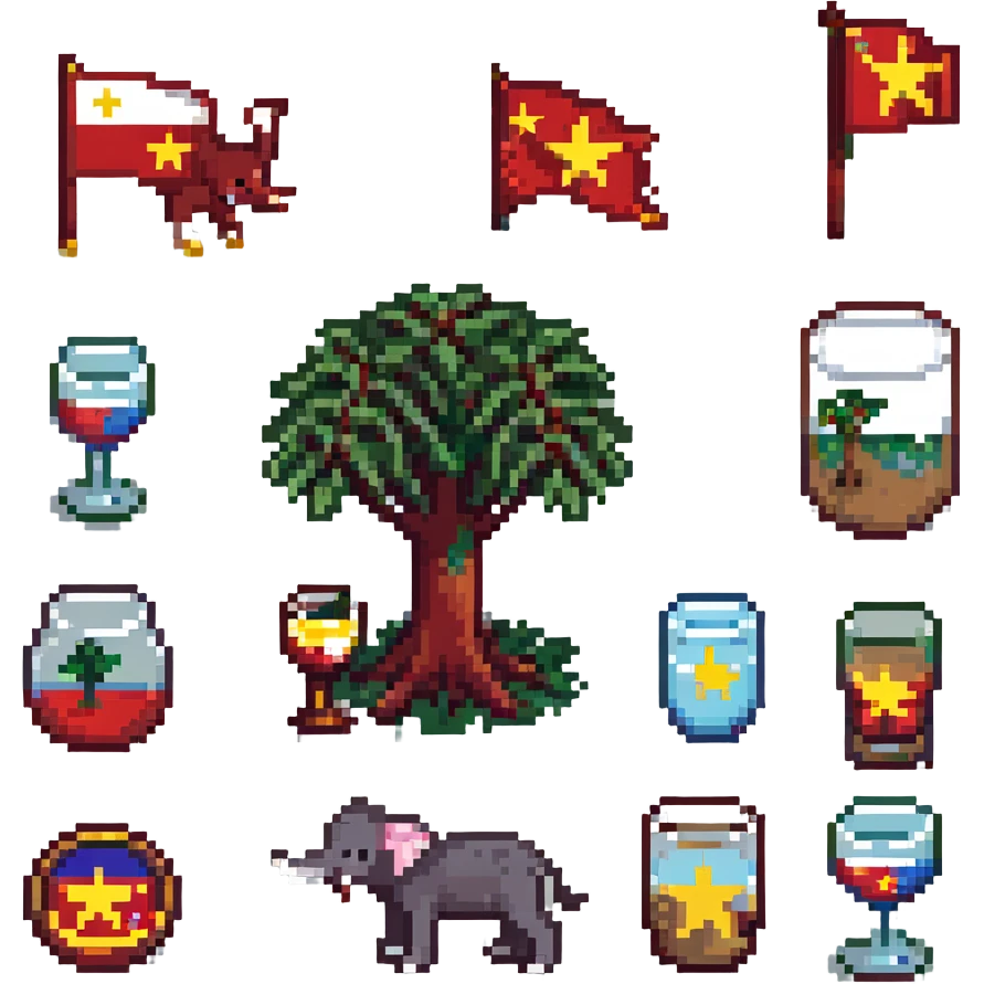cat, dog, wolf, Vietnam flag, tree, elephant, and a glass all together in pixel art style emoji