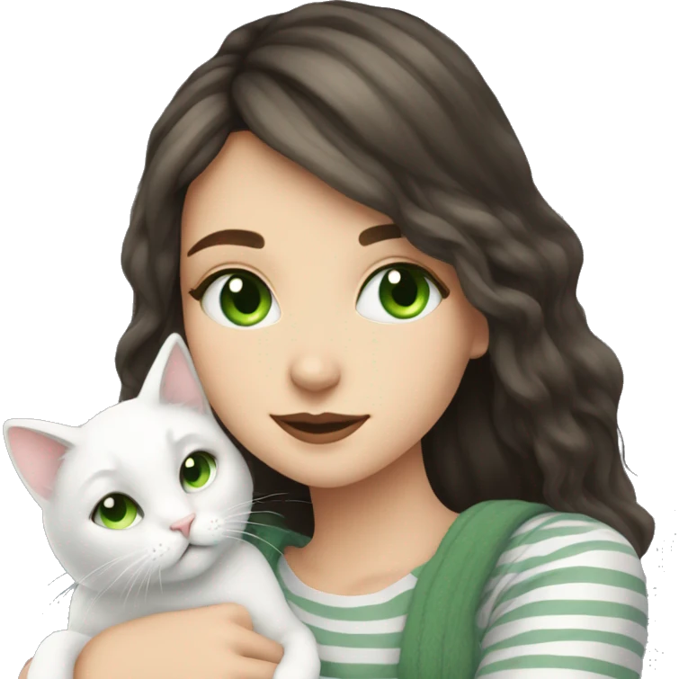 brunette girl with green eyes snuggling fluffy white cat with grey stripes emoji
