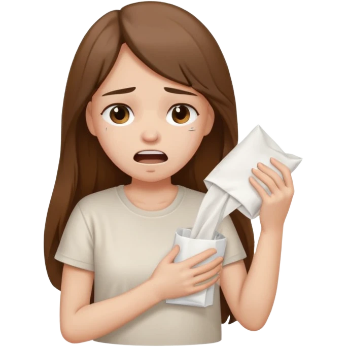 a pretty bratz fair girl crying in a loose oversized off white tshirt  with long brown hair with a tissue box emoji