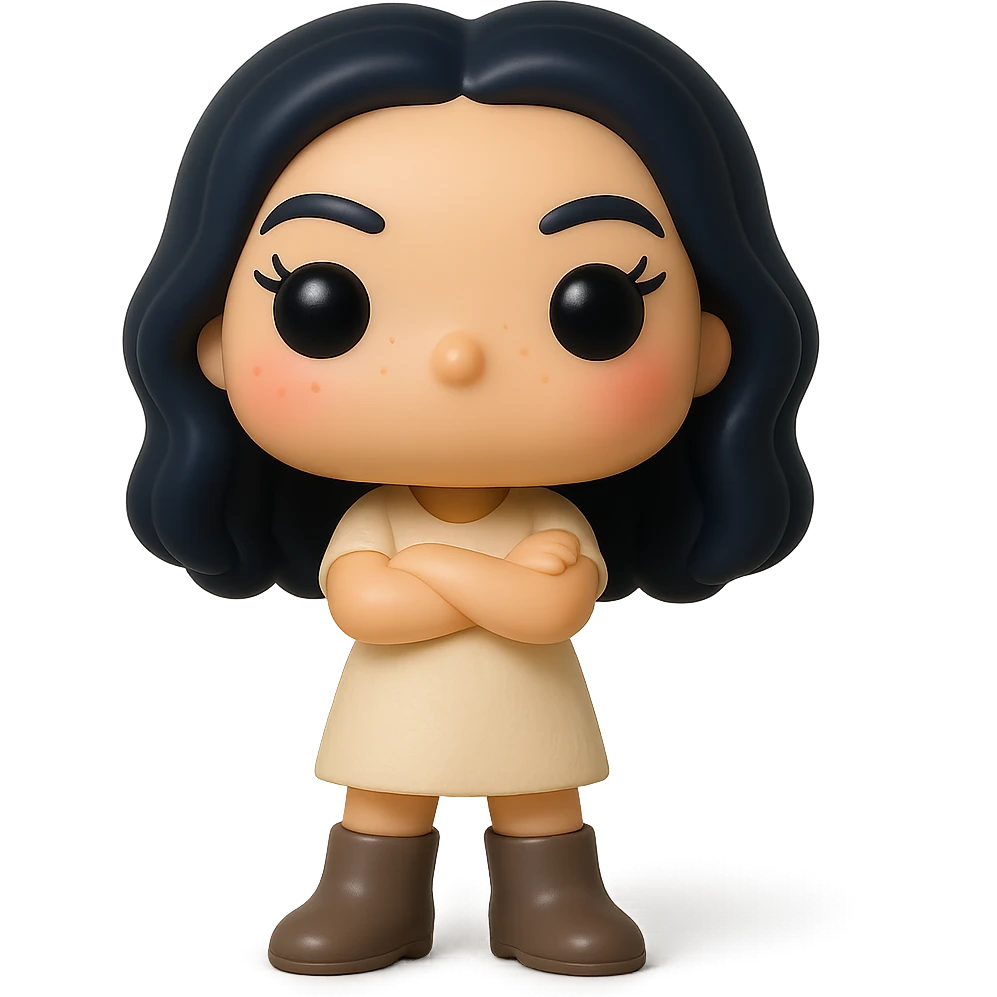 Enhance the Funko Pop style vinyl figure with superior quality, smooth tanned skin, detailed dark hair, textured feminine cream dress, greige leather boots clearly visible, arms crossed pose, rosy cheeks, very discreet freckles, eyelashes, mischievous and cheerful expression, no mouth, transparent background. emoji