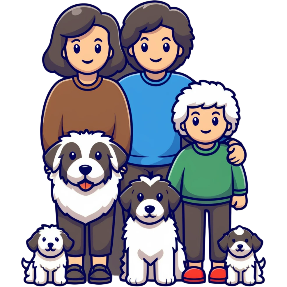 A family with mom, dad, three sons, and an Old English Sheepdog emoji