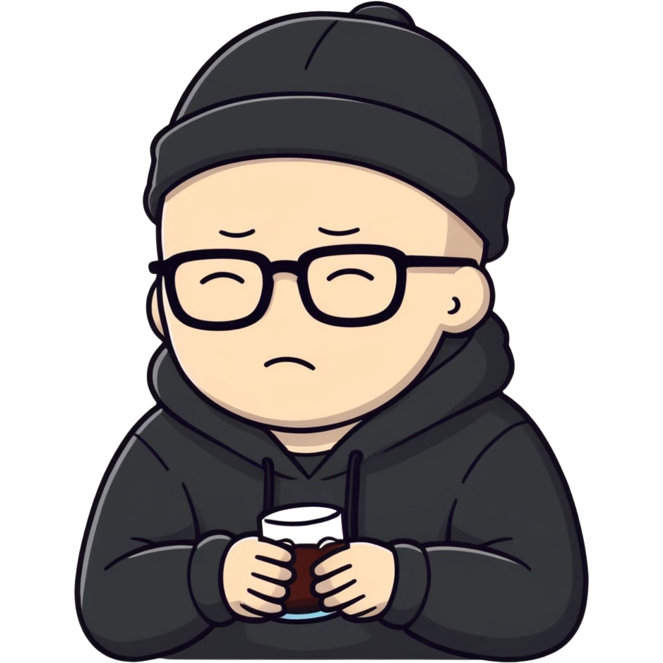 bald white guy with glasses, wearing a black beanie, black hoodie, drunk passed out emoji