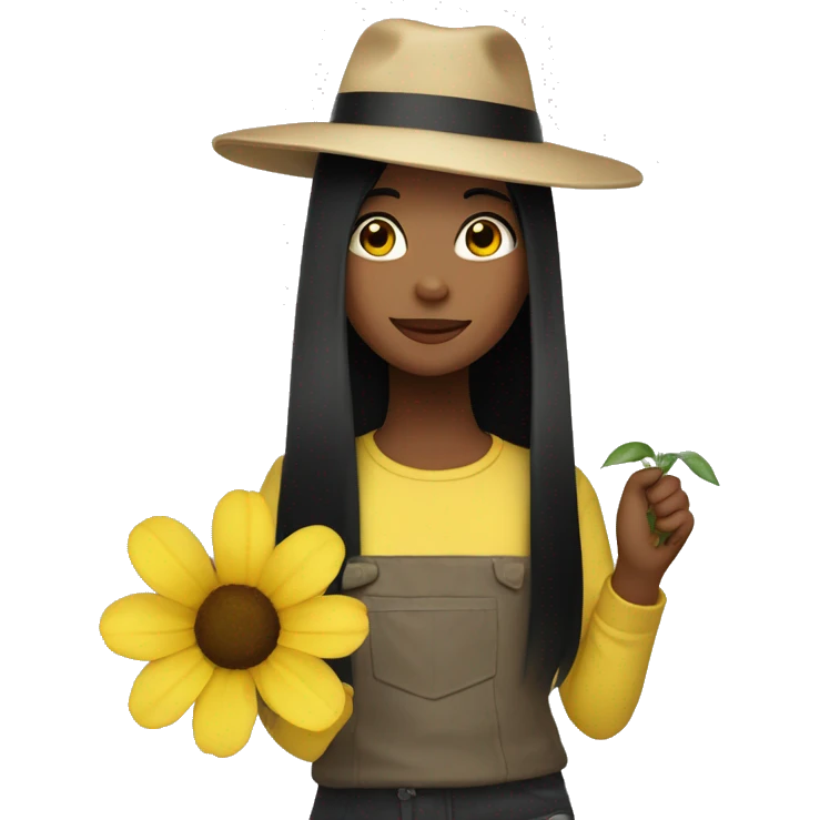 Girl with black long straight hair wearing a hat and a yellow flower in her hand emoji