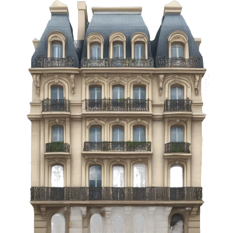 “Haussmannian building with ornate stone facade, wrought-iron balconies, tall arched windows, and mansard roof in classic Parisian style” emoji