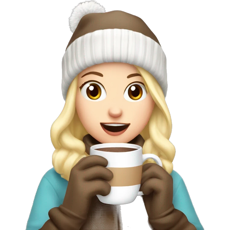 Blonde girl wirh gloves and beanie sipping her hot chocolate  emoji