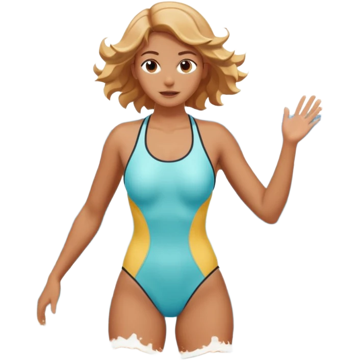 woman standing in the ocean with visible waves around her, medium shot showing upper body and surrounding water, waves clearly rising and splashing, dynamic sea motion, confident expression, 3D cartoon style, mobile game icon style, clean composition, no text, no watermark
  emoji