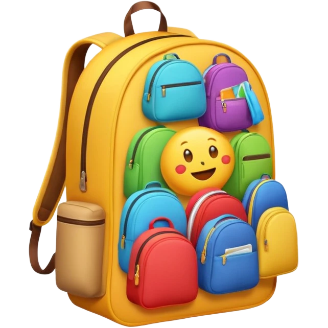 Emoji-style backpack overflowing with clothes, rounded cute shapes, soft shadows, colorful emoji