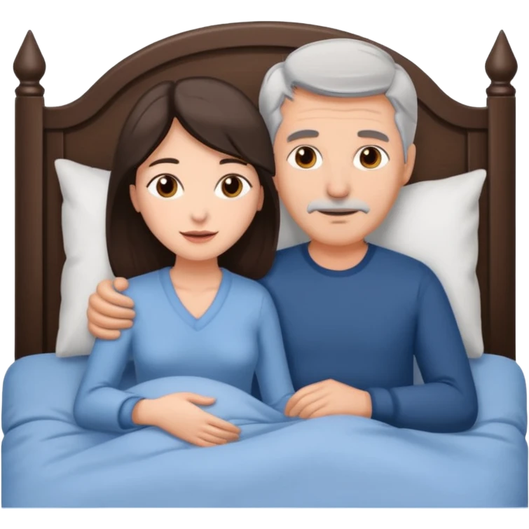 Grey haired man and brunette woman in bed emoji