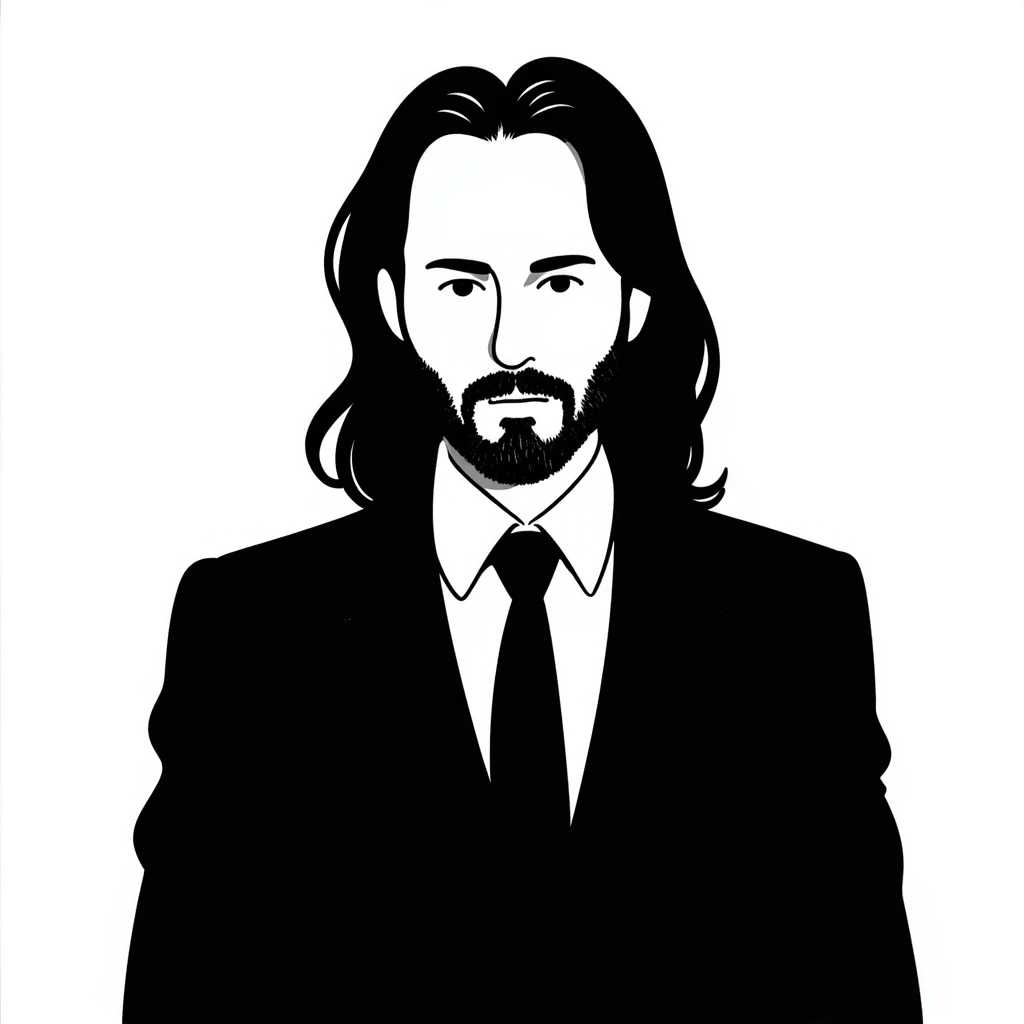 John Wick character in pencil sketch style, wearing a black suit with long dark hair and beard emoji