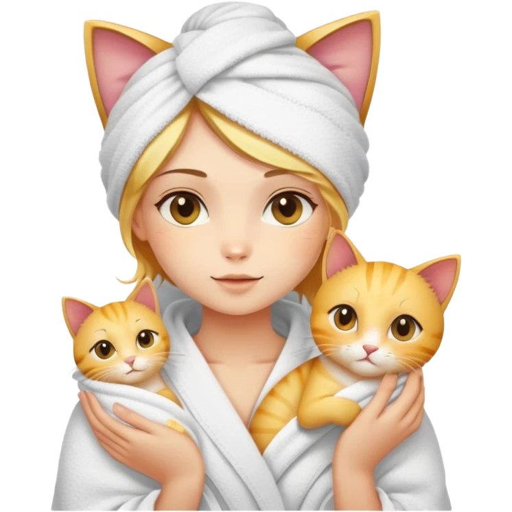 A beautiful girl with fair skin - just finished taking a shower - wrapped in a bath towel and holding a golden gradient cat emoji