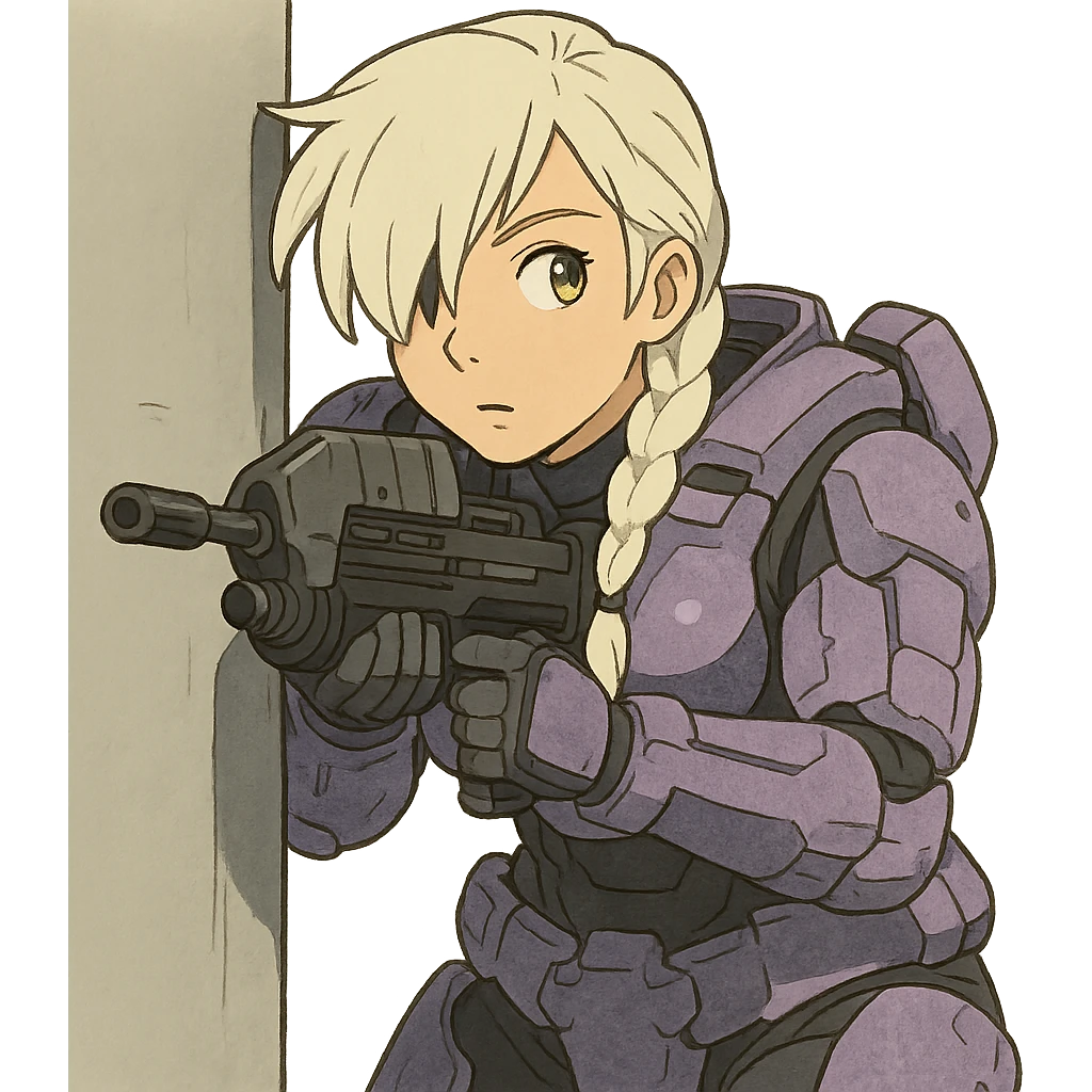 female, wearing reach spartan armor shoulder-unequip, long white braid hair with massive messy front side single bangs, gold yellow eyes, attention pose, HALO:series, no helmet, the armor is lavender color scheme, shoulder pad off. DDD bust size fitting. , peeking around a corner while aiming a classic HALO1 AR, tactical, lean emoji