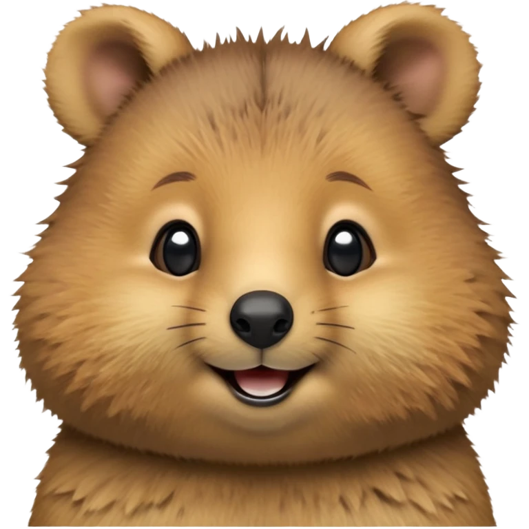 cinematic-realistic quokka-emoji,-small-round-frame, head tilted in an endearing manner, comical smile, round cheeks, giant-fluffy-cheeks-large-smile-fluffy-brown-fur-radiating-a-warm-softness,-big-round-eyes-filled-with-joy, realisticround  fluffy zoomed in, large black eyes emoji