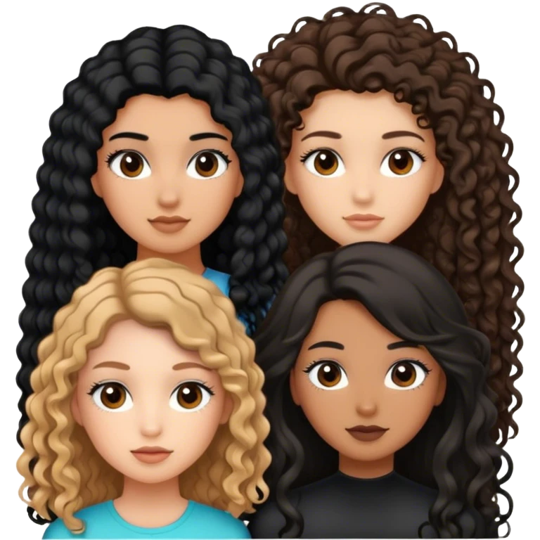 2 tan girls with black long curly hair and long lashes, 1 girl with long straight hair, 1 girl with short straight hair emoji
