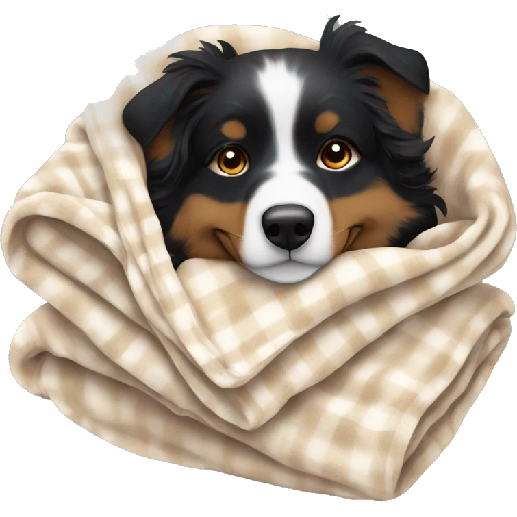 Small black australian shepherd dog sleeping with blanket  emoji