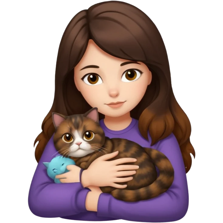 brunette girl snuggling a tortoiseshell Persian cat emoji