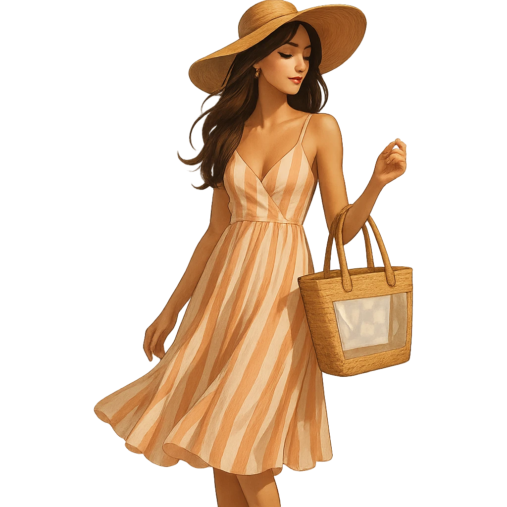 fashionable girl on the French Riviera, flowy dress, wide-brimmed hat, holding a beach bag emoji