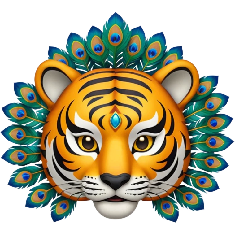 Create an animation emoji of the Ponorogo Reyog from East Java, namely the tiger mask with the peacock dance, which is a typical Ponorogo dance. Above and behind the tiger's head is a peacock's head spreading its tail.  emoji
