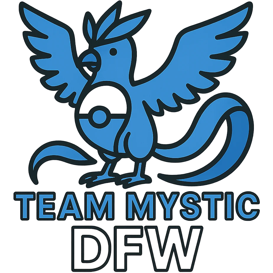 Add Pokéball elements integrated with the Articuno and text in a clean blue and white style, preserving the Team Mystic DFW logo's original look and feel. emoji