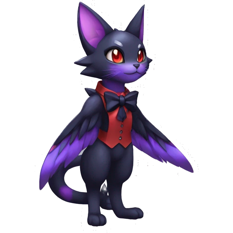 cool anthro edgy black purple red ethereal fantasy nargacuga-Noivern-cat-Fakemon collar harness bow tie and bracers full body emoji