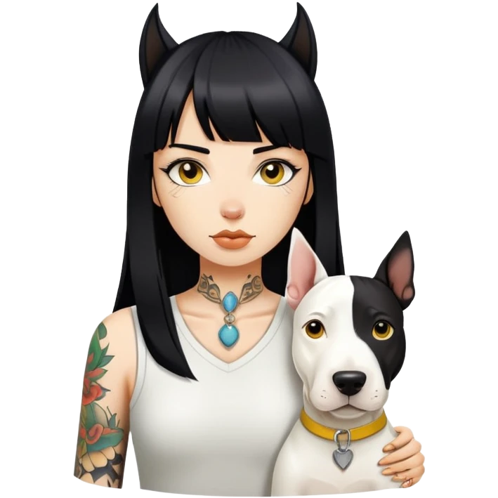 girl with long black  straight bangs hair and tatoo a Springer dog  and yellow bull terrier emoji