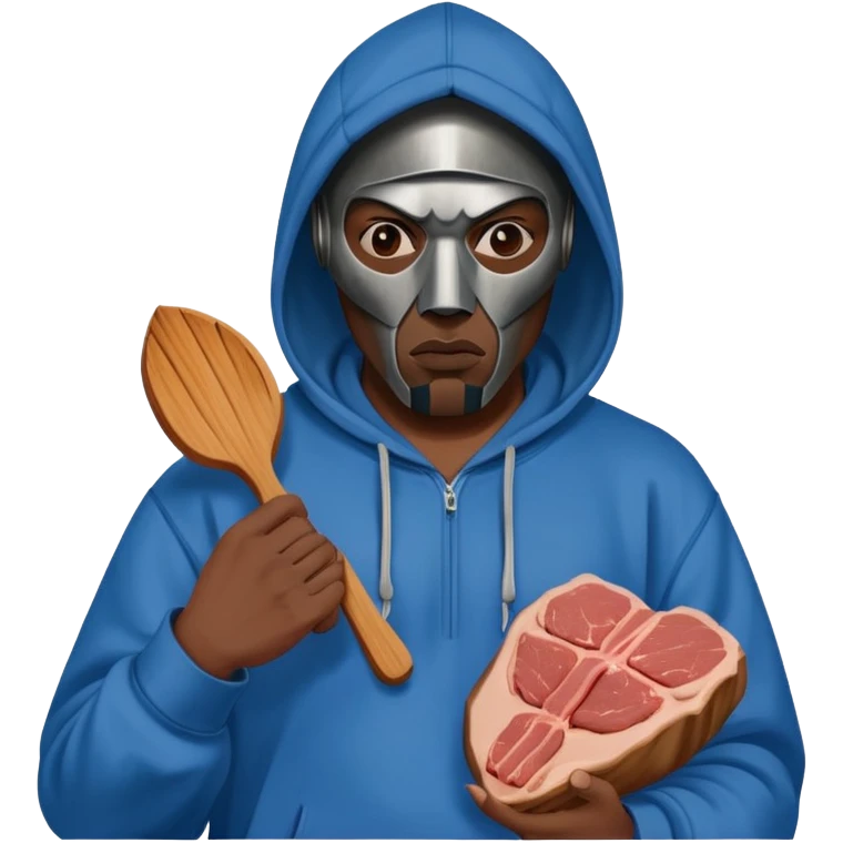 MF DOOM in a blue hoodie holding a piece of meat emoji