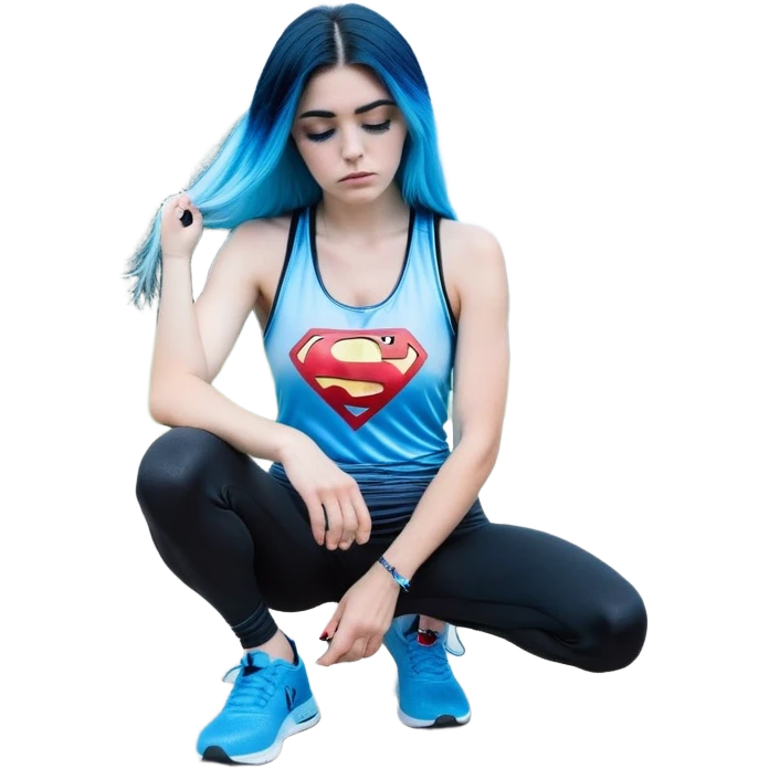 Shameful disappointed crying-very very very very big chest-texting on a samsung cell phone-very long straight flowing black to sky blue hair ombre-blue eyes-black eyeliner-long eyelashes-plastic sparkling sky blue very low cut tank top with sparkling superman logo-black leggings-nike sneakers emoji