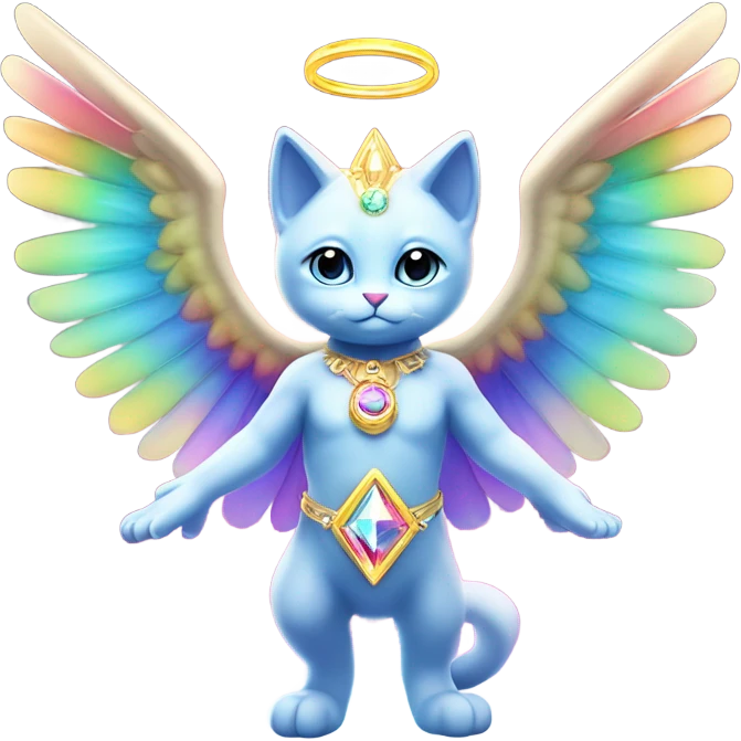 Transcendent Heavenly Rainbow 4d Diamond ultra mega surpream Omni-Cat God with wings and a ring around its body and another ring above it’s head full body emoji