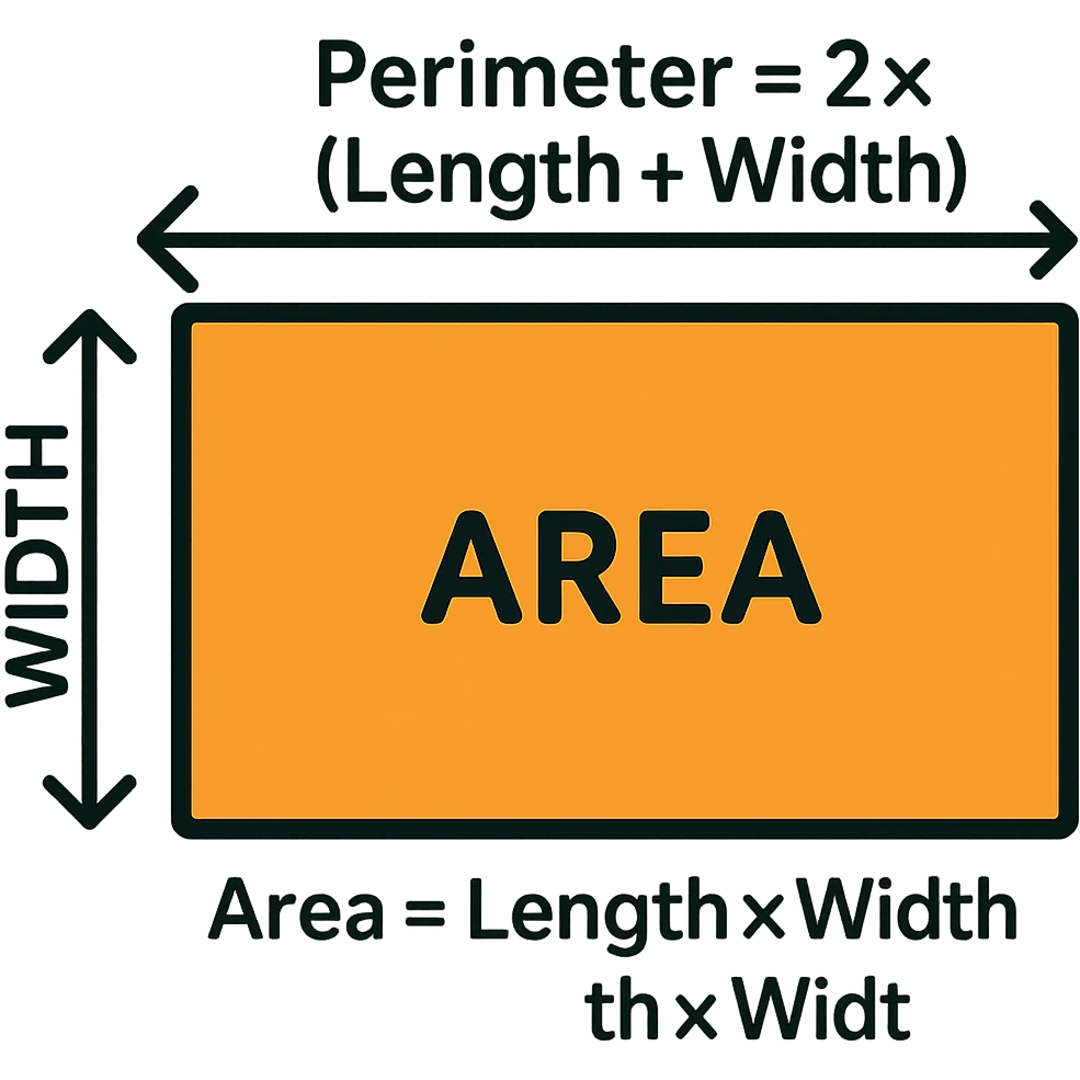 Add clear text labels for the formulas: Perimeter = 2 × (Length + Width), Area = Length × Width. Place the labels near the rectangle and shaded area, suitable for grade 4. Keep the background transparent. emoji