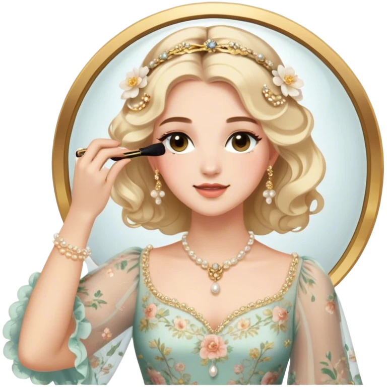  Middle Eastern-inspired moment of a woman getting ready in front of a mirror. She wears a delicate floral dress with sheer, flowy sleeves, accessorized with gold jewelry and traditional pearl-adorned hair clips. Her  as she applies mascara, her reflection revealing a soft smile.  emoji