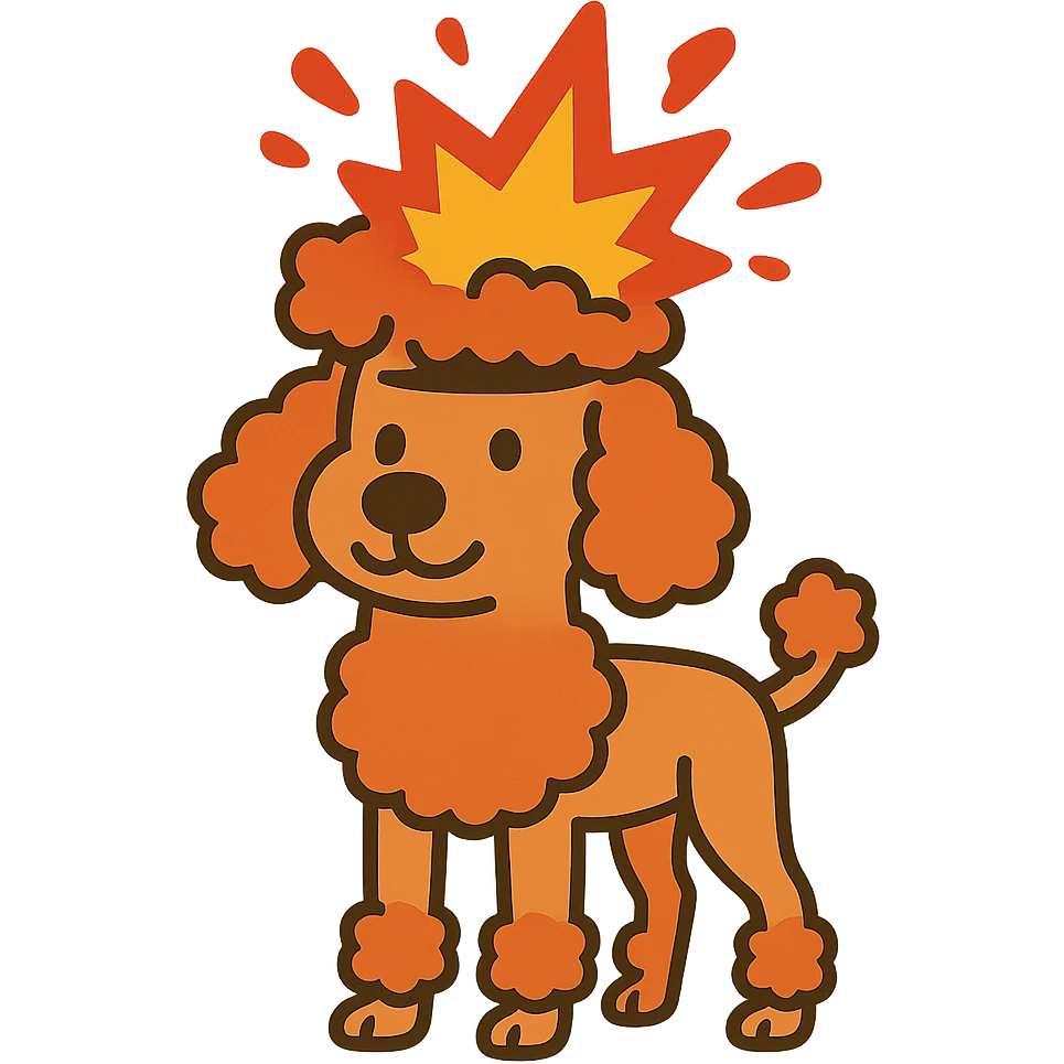 flat toon style poodle dog with exploding head emoji