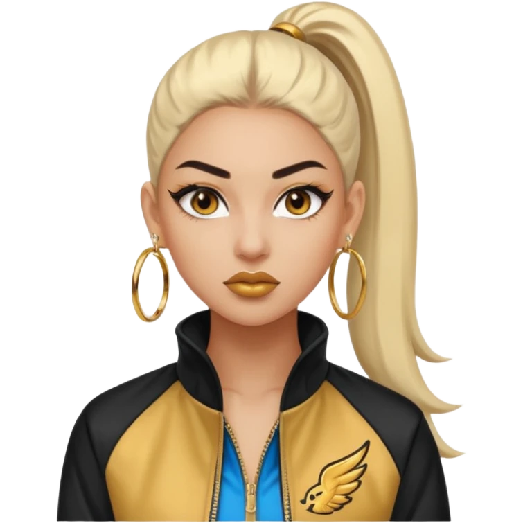 “Emoji girl, fierce confident expression, sharp winged eyeliner, bold brows, matte nude lips, long lashes, sleek high ponytail, wearing gold hoop earrings and sporty streetwear jacket.” emoji