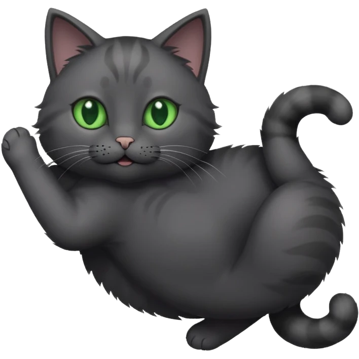 solid dark grey cat with green eyes, white toes/paws playfully rolling upside down emoji