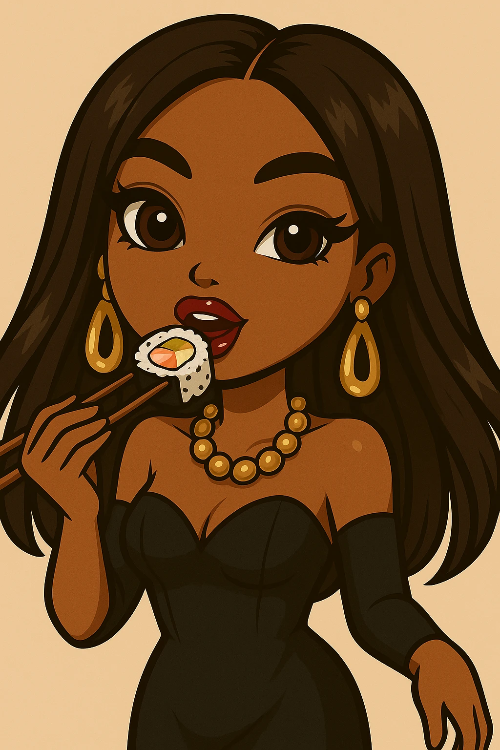 Change the pose to a 20-year-old anime Bratz style woman with dark skin, straight hair, trendy outfit, big expressive eyes, glossy lips, no hat, no tears, happy expression, both eyes open, looking straight ahead, eating a California roll with chopsticks, headshot only. emoji