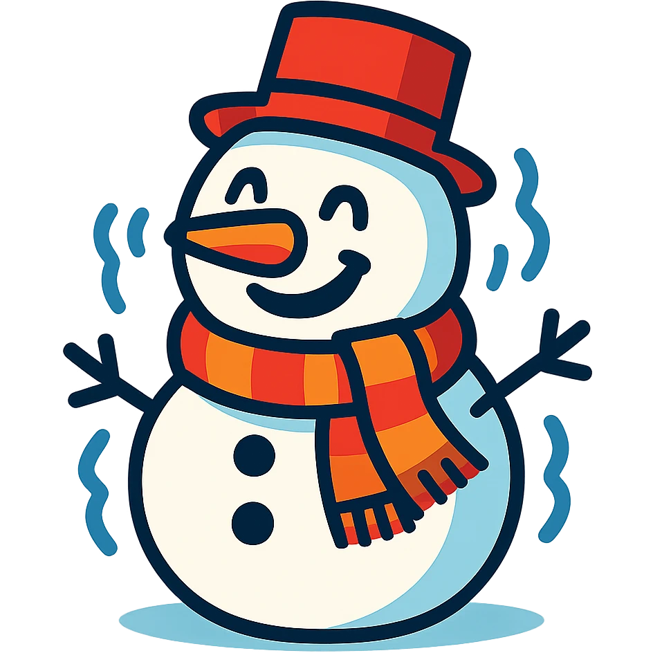 happy snowman with a big smile, wearing a scarf, shivering slightly from the cold emoji