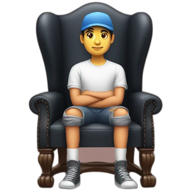A cap wearing boy seating on a king chair ,the chair with wings an the background display  name sunil kumawat  emoji